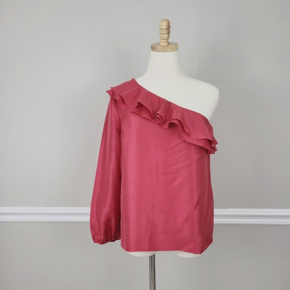 J Crew 100% Silk Pink Off the Shoulder  Ruffle Top Size 4 - Picture 4 of 9